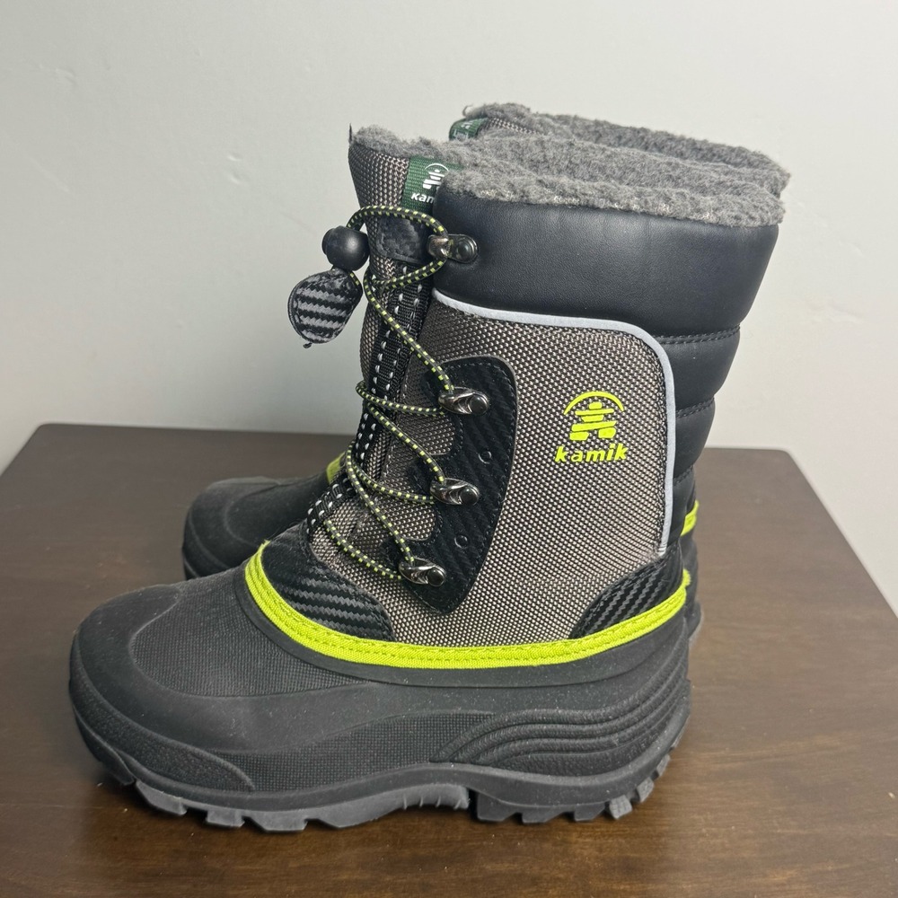 Kamik Luke Winter Boots Kids 3 Insulated -40F Snow Black Grey Yellow